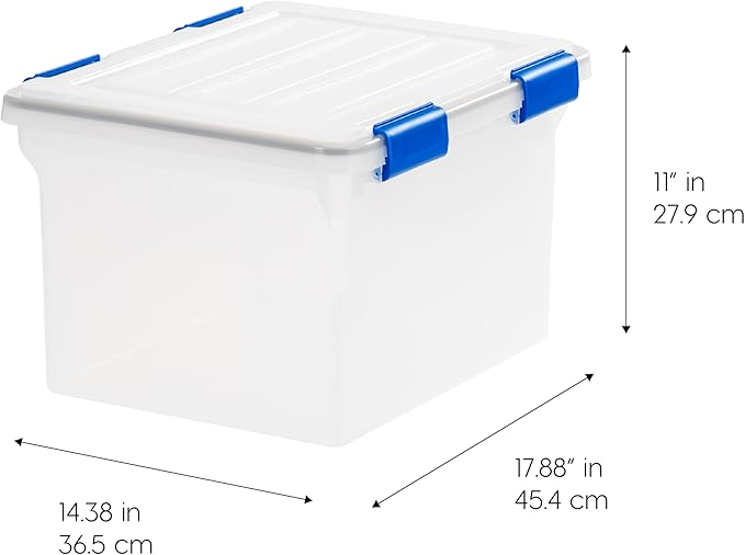 IRIS USA File Box WeatherPro File Organizer for Letter/Legal File Water Resistant Document Box Plastic Gasket File Box With Tight Latch and Seal Stackable Nestable Clear/Blue 32 Qt. 3 Pack