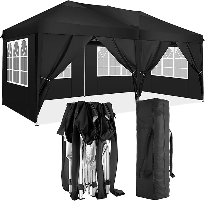 KEIKI 10'x20' Folding Canopy with 6 Removable Sidewalls Outdoor Event Shelter Gazebo Portable Tents for Parties Carport Camping Garden Patio Black