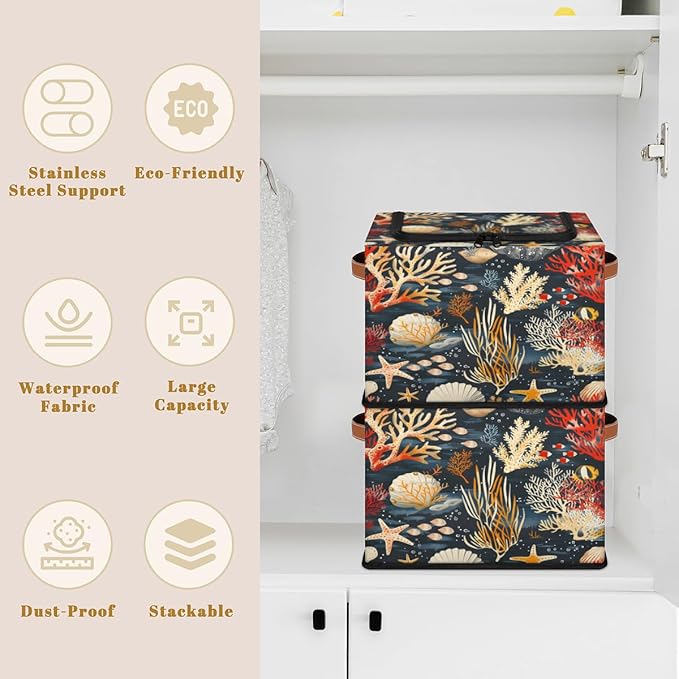 Sea Ocean Storage Box with Lid Seashell Collapsible Storage Bins Baskets Cubes Closet Shelf Clothes Organizer Containers with PU Leather Handles