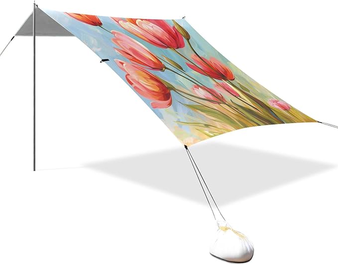 ALAZA Tulip Flower Floral Painting Beach Tent Sun Shelter UPF50+ Protection Beach Shade Canopy w/ 4 Sandbags for Outdoor Camping Fishing Backyard Fun Picnic 10x9 ft