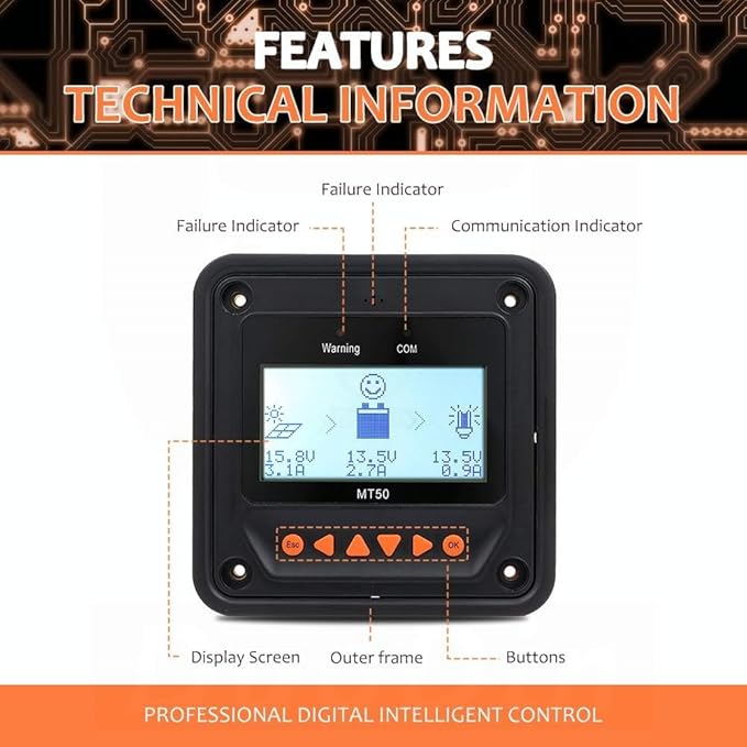 EPEVER MT-52 Remote Meter MT-52 Solar Controller LCD Display Remote Meter Fit for TracerAN BN TRIRON Series Solar Panel Battery Regulator