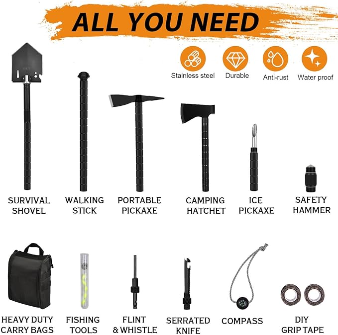 IUNIO Survival Off-Roading Tool Kit 19 in 1 Folding Shovel Camping Axe Multitool Pickaxe with Carrying Bag for Outdoor Car Emergency (Upgrade Black)