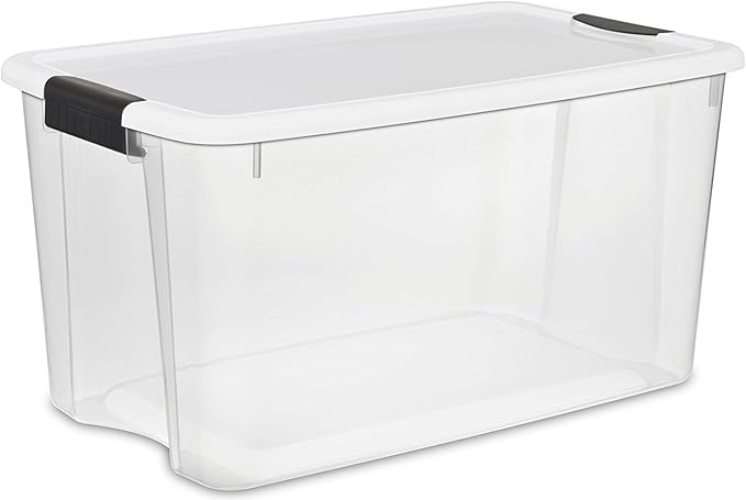 STERILITE 19889804 70 Quart/66 Liter Ultra Latch Box Clear with a White Lid and Black Latches 8-Pack