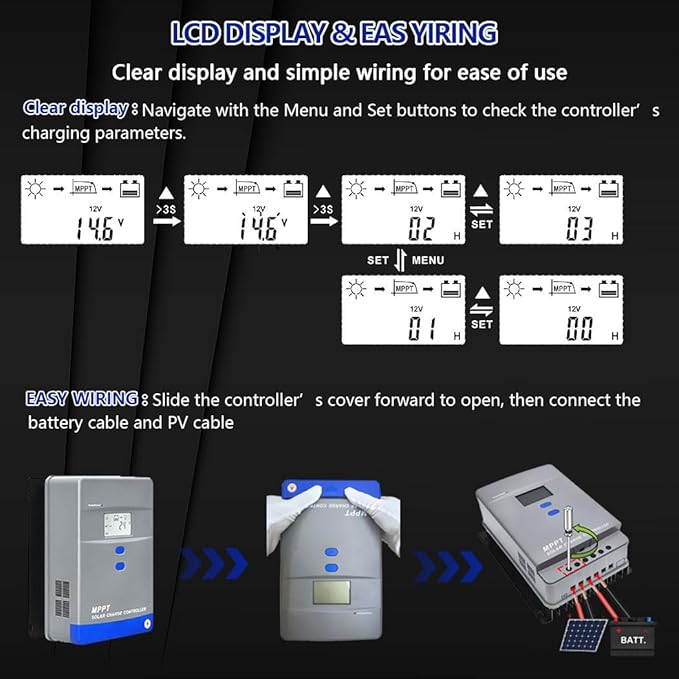 60A MPPT Solar Charge Controller 12V/24V/36V/48V Auto Battery Regulator LCD DisplayMAX PV Panel Input 3120W for AGM Gel Flooded and Lithium Battery Charging High-Efficiency Energy Conversion
