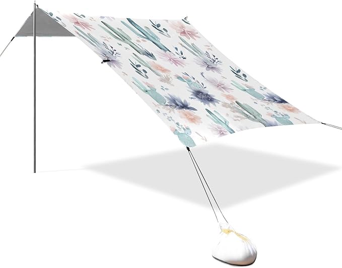 ALAZA Watercolor Flower Cactus Beach Tent Sun Shelter UPF50+ Protection Beach Shade Canopy w/ 4 Sandbags for Outdoor Camping Fishing Backyard Fun Picnic 10x9 ft