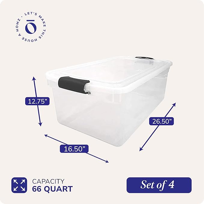 HOMZ 4-Pack Secure Latch Clear Plastic Storage Organizer Bins 66 Quart Gray Latches - Stackable Container Boxes for Bedroom Bathroom Garage and Office Organization