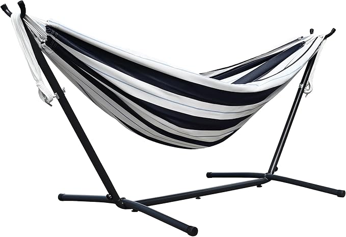 Vivere Double Sunbrella Hammock with Space-Saving Steel Stand Heavy-Duty Portable Outdoor Hammock Set for Backyard Patio or Travel Harbor