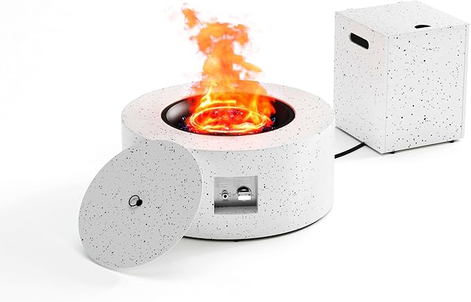 2-Piece 30 Round Propane Fire Pit for Outside Patio with Hidden Tank Table 50000 BTU Fireplaces with Lid Glass Rocks Cover(Speckled White)