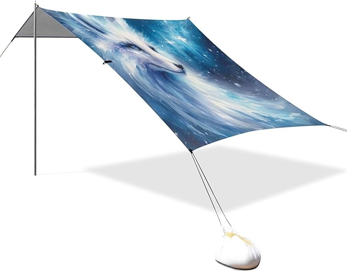 ALAZA Ice Fox Starry Sky Galaxy Beach Tent Sun Shelter UPF50+ Protection Beach Shade Canopy w/ 4 Sandbags for Outdoor Camping Fishing Backyard Fun Picnic 10x9 ft