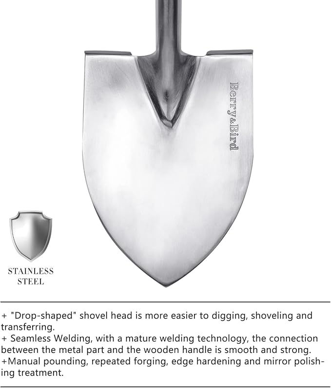 Berry&ampBird Round Point Gardening Shovel with Wood D-Handle 40.98 Stainless Steel Beach &amp Snow Shovel