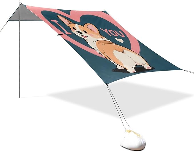 ALAZA Cute Corgi Pink Heart Beach Tent Sun Shelter Portable Canopy Sunshade for Outdoor Camping Picnics Backyard Fun 10x9 ft