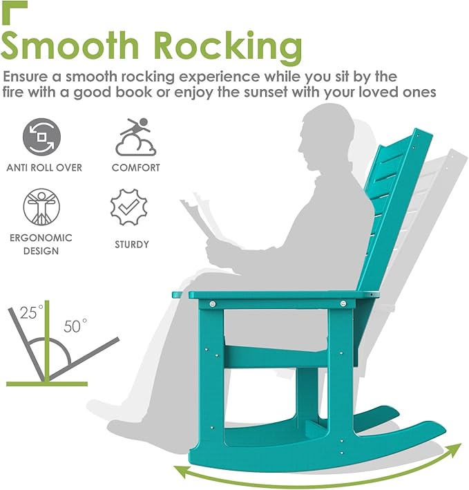 GREENVINES Outdoor Rocking Chairs | Set of 2 | Porch Rocker | HDPE Plastic | Aqua | Oversized Rockers | High Back | Big &amp Tall | Ladder Back | for Patio Outside Backyard Balcony Garden