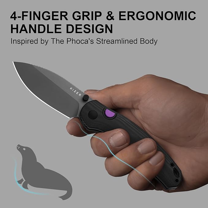 Kizer Phoca BD Pocket Knife 2.95 Drop Point D2 Blade Folding Knives with Black G10 Handle Thumb Stud EDC Knife for Men Women V3781BDM1