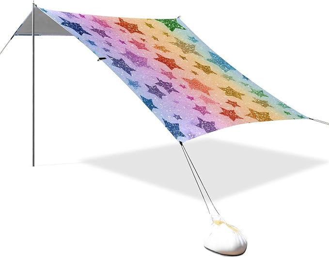 ALAZA Rainbow Star Beach Tent Sun Shelter UPF50+ Protection Beach Shade Canopy w/ 4 Sandbags for Outdoor Camping Fishing Backyard Fun Picnic 10x9 ft
