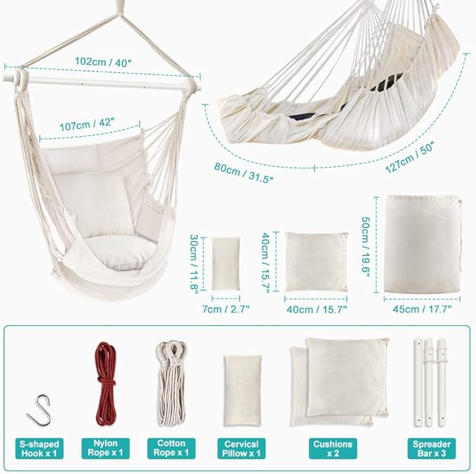 Outerman Hammock Chair Hanging Chair with 3 Cushions and Foot Rest Support Sturdy Metal Spreader Bar Max 440 Lbs Swing Chair for Bedroom Indoor &amp Outdoor Patio Porch or Tree（White）