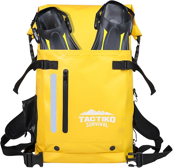 Tactiko 30L Heavy-Duty 100% Waterproof Backpack - Dry Roll-Top Floating Backpack - Rip-Stop Tarpaulin - Comfortable Padded Shoulders &amp Back - Waist Strap - Large Utility Pocket Carabiner (Yellow)