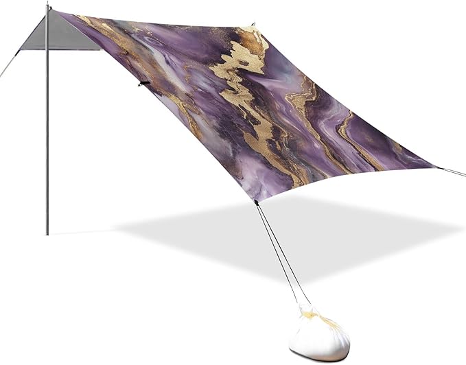 Purple and Gold Marble Texture Beach Tent &amp Canopy UPF50+ Protection Water-Resistant Sun Shelter with Sand Shovel for Backyard and Camping