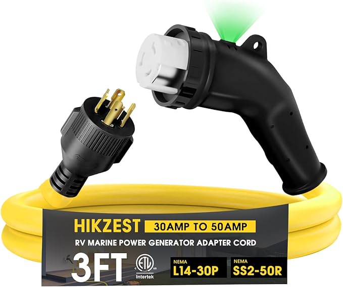 3FT NEMA L14-30P to SS2-50R RV Marine Power Generator Adapter Cord 30A 4 Prong Locking Generator L14-30P Male to 50A Marine Shore Power SS2-50R Female with 135° Elbow Grip Handle LED Power Indicator