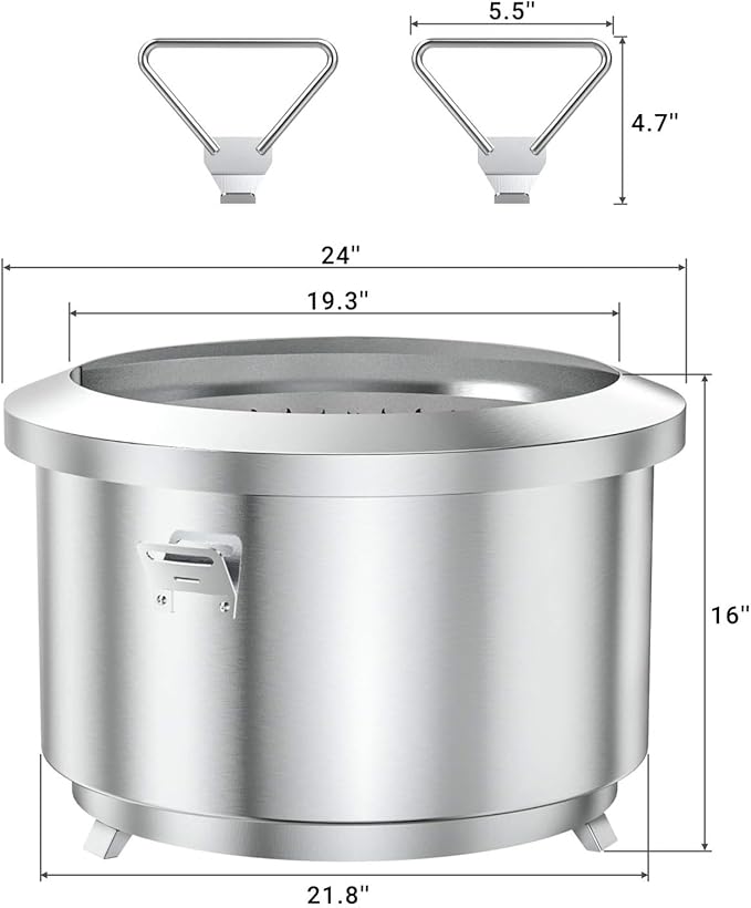 Onlyfire 24 Inch Outdoor Smokeless Fire Pit Stainless Steel Fire Bowl Portable Wood Burning Stove with Detachable Handles for Backyard Camping