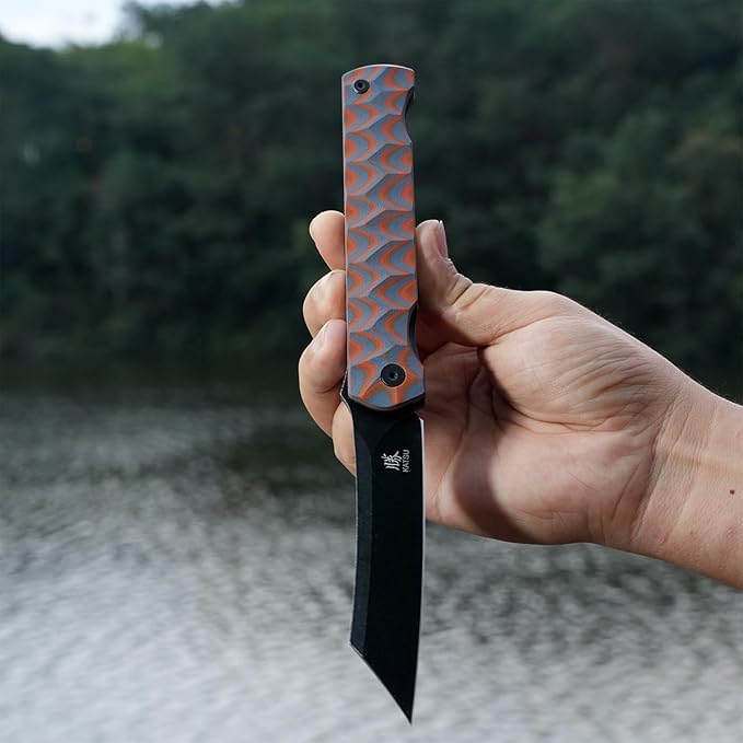 KATSU AUS-8 Steel Blade Folding KnifePocket Knife for Men G10 Handle Liner Lock Japanese Style Front Flipper EDC Knife with Clip Black Titanium Coated/Stonewashed finish