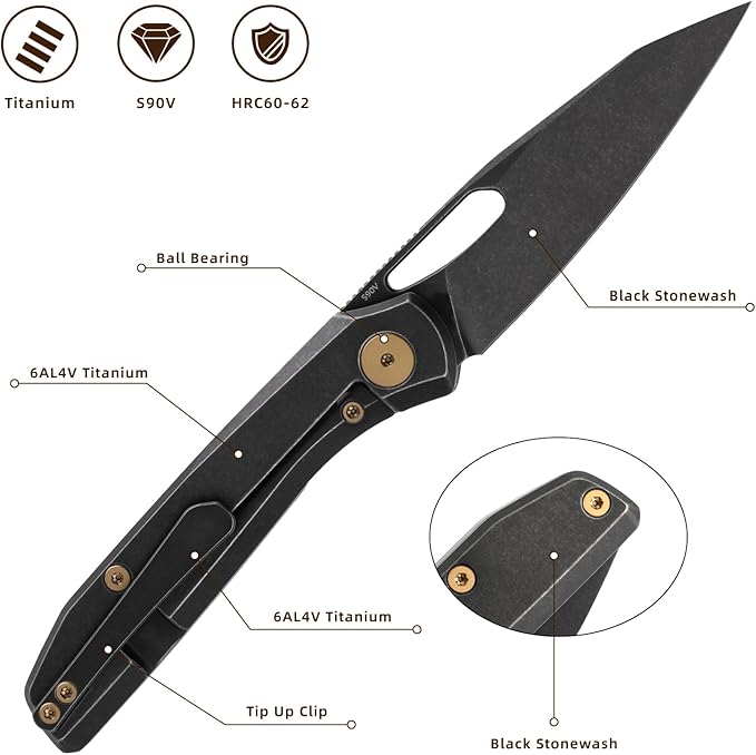 Folding Pocket Knife 3.23 S90V Blade EDC Knife with Titanium Handle Small Pocket Knife with Clip and Frame Lock Sharp Camping Hiking Hunting Survival Knives for Men (Black)