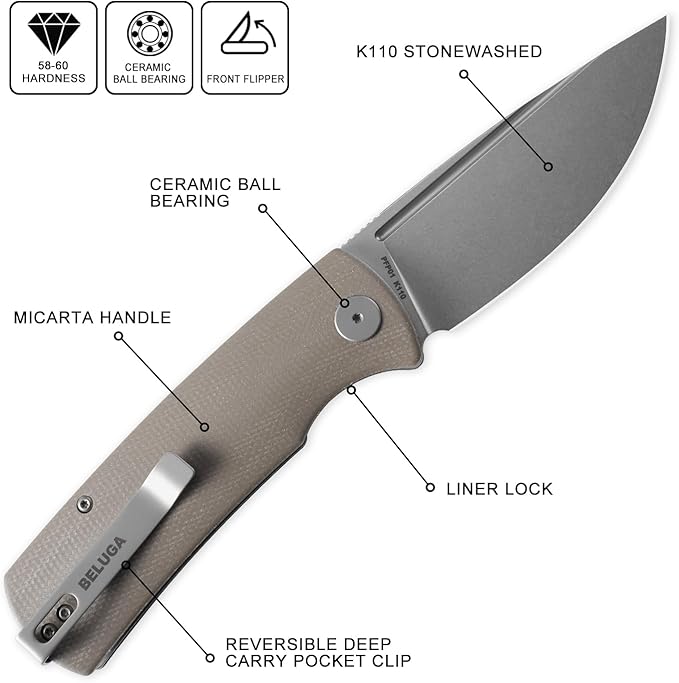Petrified fish PFP01 Beluga K110 steel Folding knife Micarta Handle Front flipper Outdoor Camping EDC Knife (Khaki Stonewash Micarta)