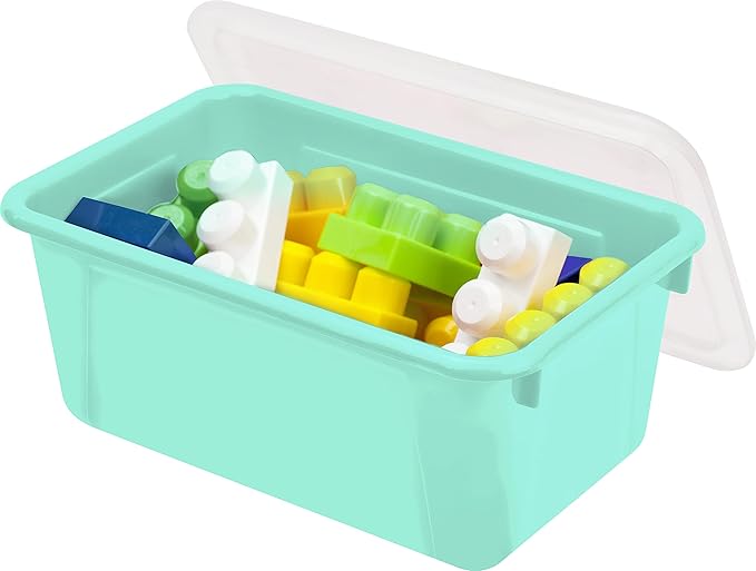 Storex Small Cubby Bins – Plastic Storage Containers for Classroom with Non-Snap Lid 12.2 x 7.8 x 5.1 inches Teal 5-Pack (62412A05C)