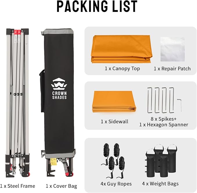 CROWN SHADES 10x10 Pop Up Canopy with 1 Side Wall - Beach Tent with One Push Setup - Outdoor Sun Shade for Events Parties Camping - Gazebo with STO-N-Go Cover Bag (Orange)