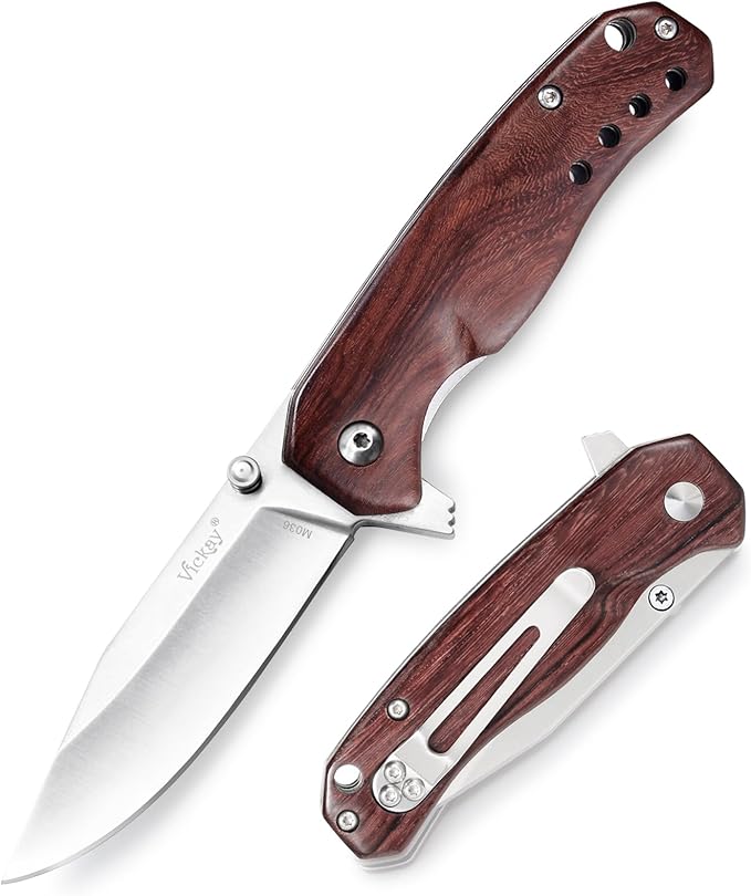 Vickay Pocket Knife for Men Folding Knife for Women with Clip 2.9inch 8Cr13MoV Steel Blade Wood Handle EDC Knife for Camping Tactical Hunting Camping Hiking and Everyday Carry