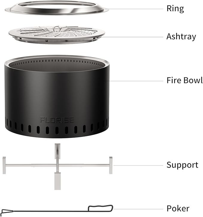 Florise 27 Inch Smokeless Fire Pit Outdoor Portable Firepit with Waterproof Cover &amp Poker Stainless Steel Wood Burning Fireplace for OutsidePatio Camping BonfireBlack