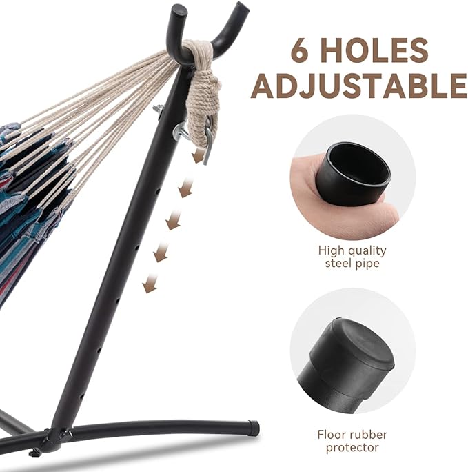 PNAEUT Double Hammocks with Stand for Outside Portable Space Saving Heavy-Duty Steel Stand for Indoor Outdoor Patio with Carrying Bag 450 lbs Capacity (Denim)