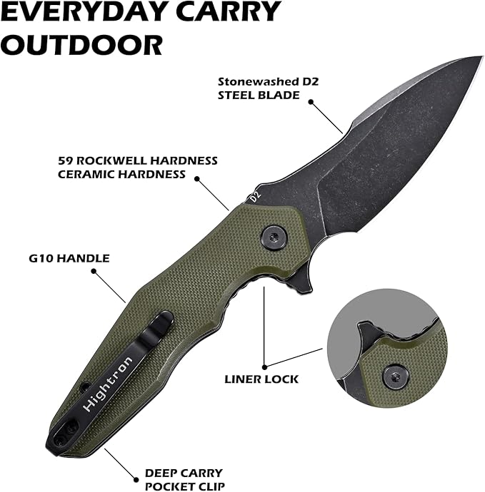 Hightron Mini Ventura Flipper Pocket Knife 2.85 D2 Blade and Ergonomic G10 Handle EDC Folding Knives for Camping Survival Hiking tool for Men Women (Green-B)