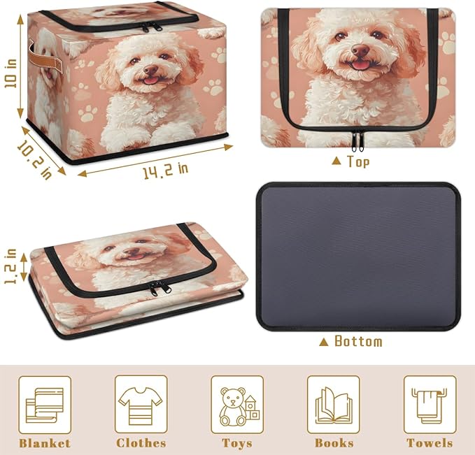 Teddy Dog Storage Box with Lid Cute Puppy Collapsible Storage Bins Baskets Cubes Closet Shelf Clothes Organizer Containers with PU Leather Handles