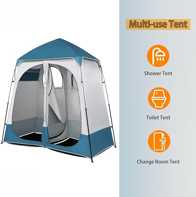 2 Room Pop Up Privacy Shower Tent 7.5 FT Changing Room Tent with Floor and Carry Bag Sun Shade Canopy Outdoor Rain Shelter for Portable Toilet Camping Dressing Hiking Beach (Blue and White)