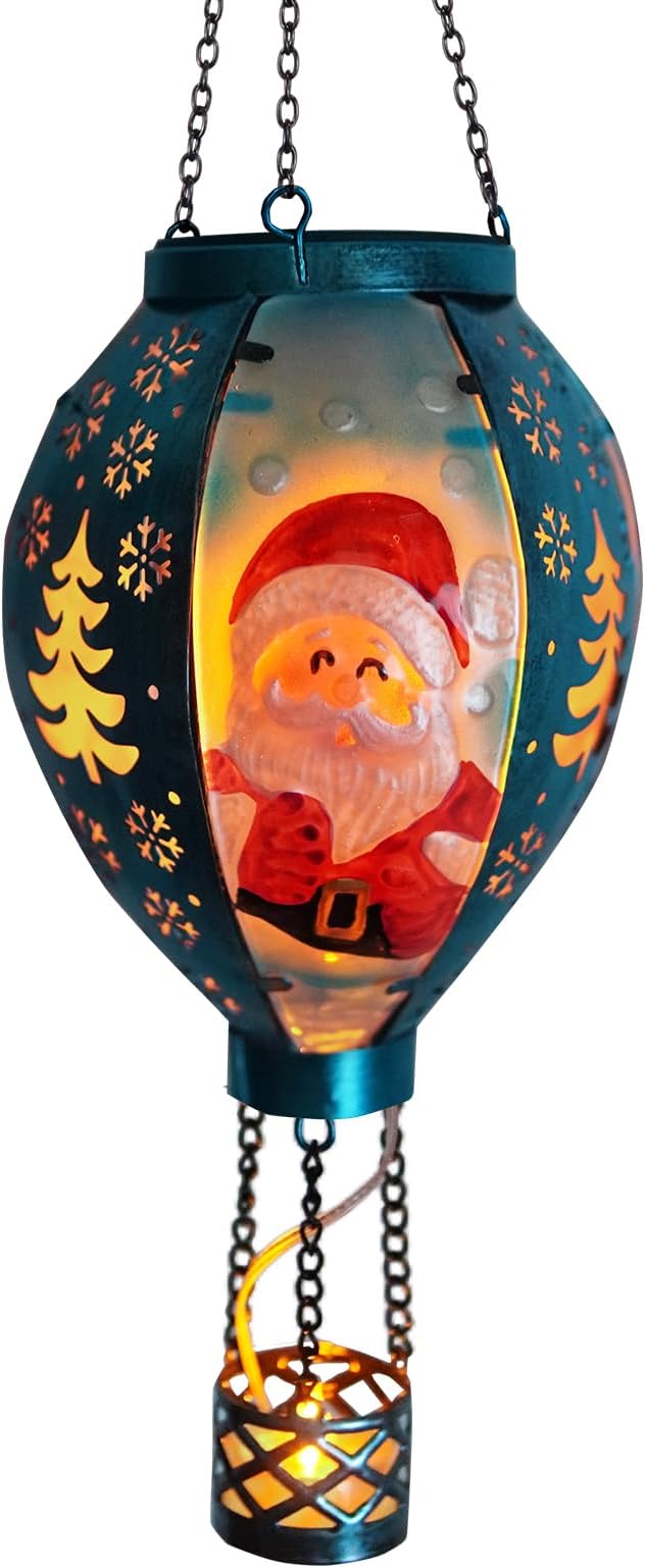 Outdoor Hot Air Balloon Solar Lanterns with Flame Solar Lights Outdoor Waterproof Hanging Christmas Lanterns Decor for Patio Porch Xmas Holiday Party(Santa Claus)