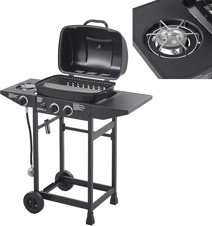 2-Burner Propane Gas BBQ Grill with Side Burner 24000 BTU Stainless Steel Barbecue Grill with Cast Iron Grates and Side Table for Outdoor Cooking Kitchen Patio