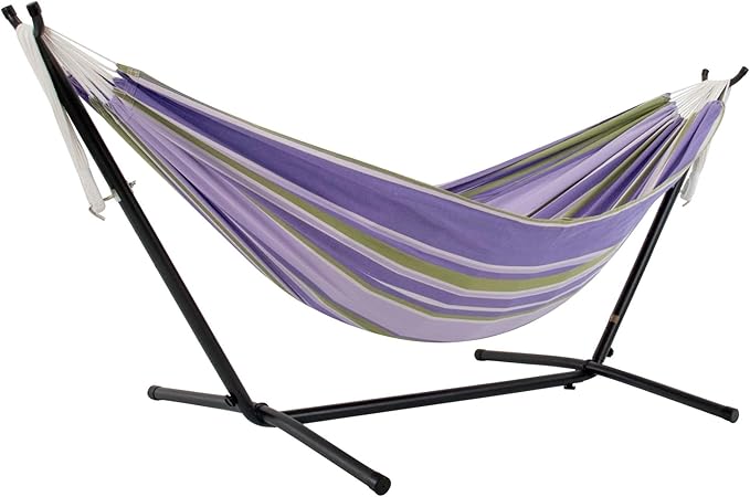 Vivere Double Cotton Hammock with Space Saving Steel Stand Upgraded Polyester End Strings 450 lb Capacity - Premium Carry Bag Included - USA Grown Cotton (Tranquility)