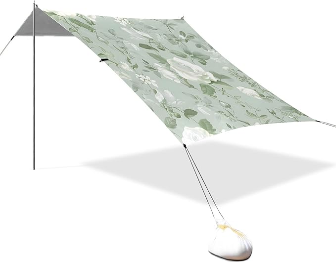 ALAZA White Rose Flower Light Green Beach Tent Sun Shelter UPF50+ Protection Beach Shade Canopy w/ 4 Sandbags for Outdoor Camping Fishing Backyard Fun Picnic 10x9 ft