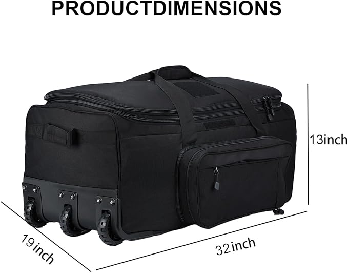 Military Wheeled Deployment Bag Large Tactical Heavy Duty Duffel Bag for Camping Hiking (Black)