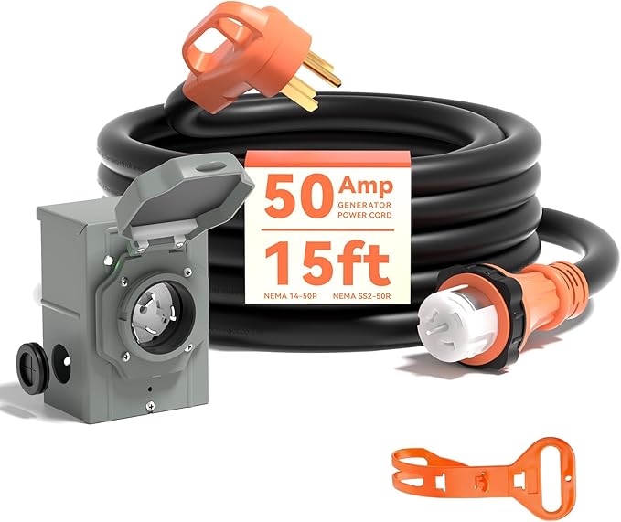A A IN 50 Amp Generator Cord 15FT and Power Inlet Box Pre-Drilled 50 Amp Generator Inlet Box with Cord NEMA 14-50P to SS2-50R Waterproof Cable Combo Kit 125/250V ETL Listed