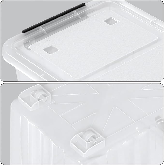 50 Quart Large Plastic Latching Box with Lid Clear Storage Bin with Wheels Stackable 4 Packs