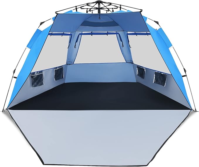 Tangkula 3-4 Person Easy Pop Up Beach Tent UPF 50+ Portable Sun Shelter w/ 3 Ventilation Windows Zippered Front Porch 4 Storage Pockets &amp Carrying Bag Instant Beach Sun Shade with 8.5mm Rod