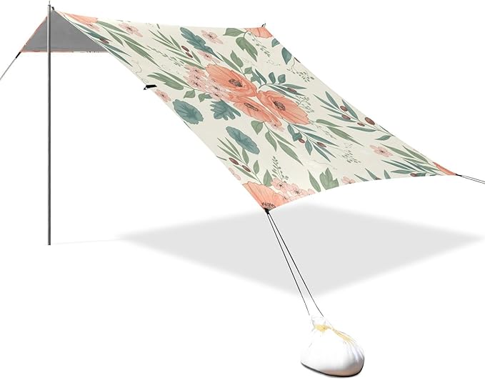xigua Wildflowers Beach Tent Sun Shelter with Carrying Bag - Silver Coated Oxford Fabric Beach Canopy for Beach Camping Fishing - Includes Windproof Ropes Sandbags &amp Stakes