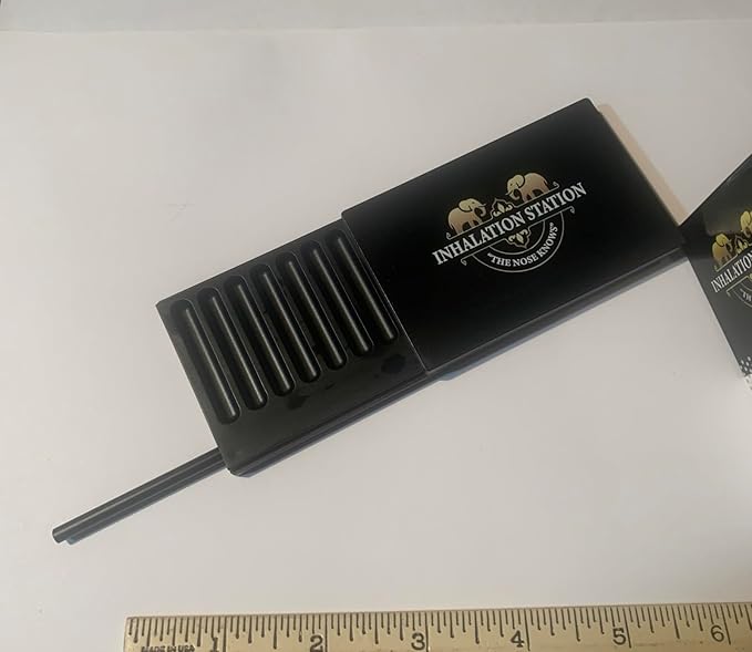 Inhalation Station Black 7 Compartment/Slot Snuff Storage Box w/Built in Slim 3 Metal Straw Portable Travel Case