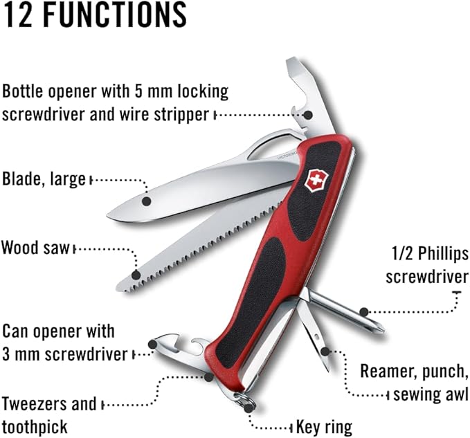 Victorinox Ranger 78 M Grip Swiss Army Knife 12 Functions Swiss Made Pocket Knife with Large Lock Blade Tweezers and Wood Saw - Red/Black