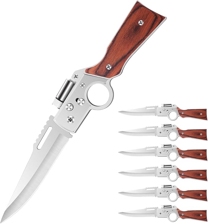 AK47 Style Tactical Folding Knife 6-Pack – Bulk Set with LED Light Wood Handle Laser Engraving Ready Best Man Gifts Outdoor Camping Hiking Gear for Groups (6)