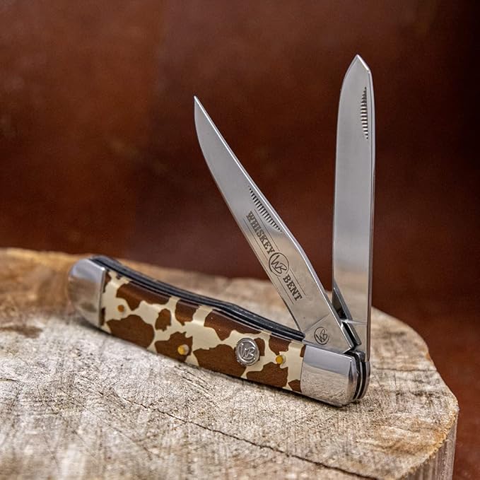 WHISKEY BENT HAT CO. Traditional Trapper Folding Pocket Knife 4.125 Closed Length 440C Stainless Steel Blades (Brown Hide)