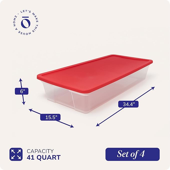 HOMZ 4-Pack Holiday Tote Clear Plastic Storage Organizer Bins with Lids 41 Quart Red - Stackable Organizing Containers for Home Garage and Office