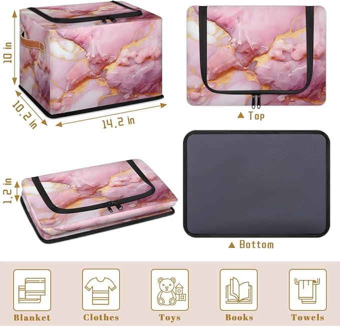 Pink Marble Storage Bins with Zipper Lid Gold Marble Fabric Lidded Storage Baskets Cubes with Handles Decorative Foldable Shelf Closet Organizer Container