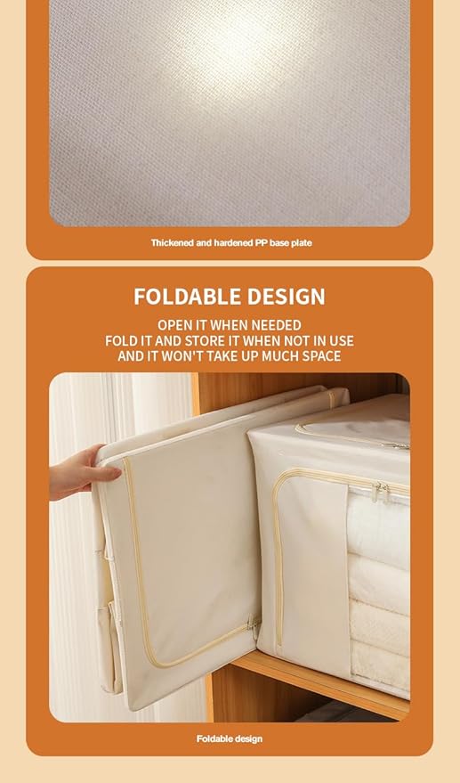 High Pure Cotton Foldable Storage Bin with Lid Inner Waterproof Film Thick Solid Steel Frame 2 Zipper &ampWindows.Container Organizer for ClothesQuilts Blankets Closet Cube (66 L)